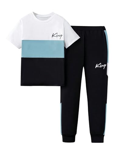 SweatyRocks Boy's 2 Piece Outfits Letter Print Colorblock Short Sleeve T Shirt and Jogger Pants Set