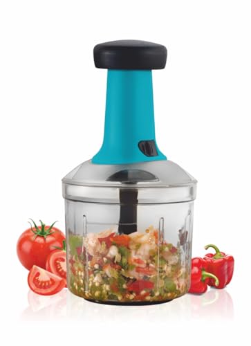 Image of Vegetable Chopper for Kitchen | Hand Chopper for Kitchen use Veg Cutter | Push Chopper 1000ml Capacity | 5 Sharp Stainlee Steel Blades (Teal)
