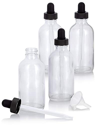 Clear Flint Glass Boston Round Dropper Bottle - 4 oz (4 Pack) + Funnel