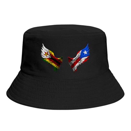 Wings Zimbabwean and Porto Rico Flag Bucket Hats Fashion Sun Cap Packable Outdoor Fisherman Hat for Women Men