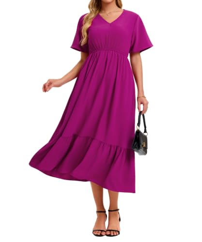 Image of Women's Summer Short Sleeve Maxi Floral Flowy Dresses with Pockets