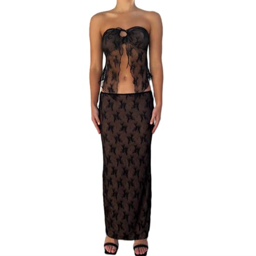 Zempertoopa Women Sexy Y2K Maxi Skirt Set Strapless Bodycon Lace Tube Top See Through 2 Piece Outfits Summer Party Wear Dress