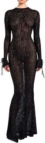 Goth Y2K Leopard Print Mesh See-Through Backless Mermaid Dresses Slim Fit Prom Cocktail Evening Dress for Women