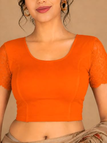 Image of Abhi Cotton Readymade Saree Blouse for Women- Half Net Sleeves, Round Neck, Regular-fit, Stretchable, Pull-on Style Blouse