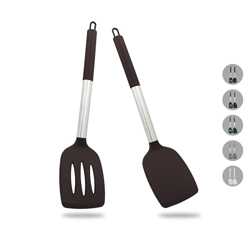 ZAIGON Juego de 2 robustas espátulas de silicona antiadherente - Resistentes al calor y sin BPA - Utensilios de cocina ideales para pescado, huevos y tortitas (Marrón chocolate)