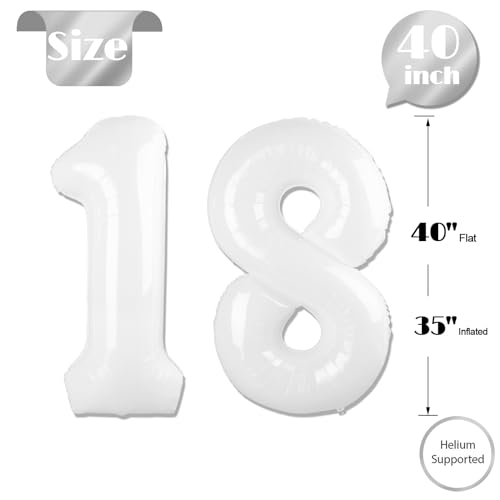 Image of White Number 18 Balloon 40 inch, 18 Number Balloons, 18th White Birthday Decorations 18 Year Old Party Supplies