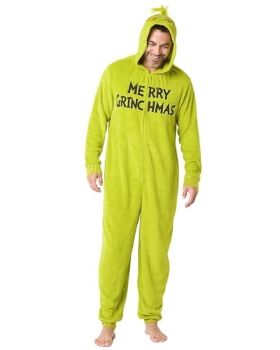 The Grinch Union Suit Men's Merry Grinchmas Zip Up Plush Hooded One Piece Loungewear