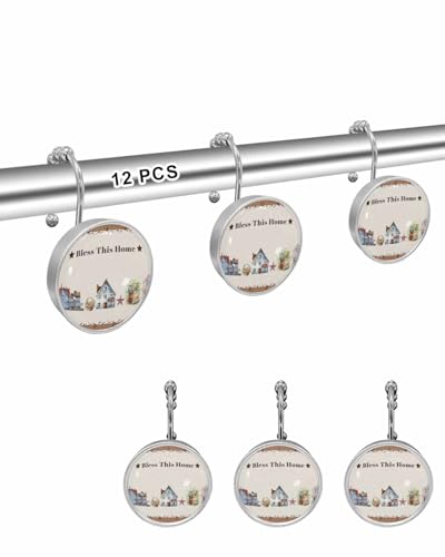 12PCS Shower Curtain Hooks Rings for Bathroom Bless This Home House Stars Flower Basket Retro Linen Crystal Glass Design Stainless Steel Rustproof Decor Shower Curtain Hangers for Curtain & Liner - Thumbnail 2