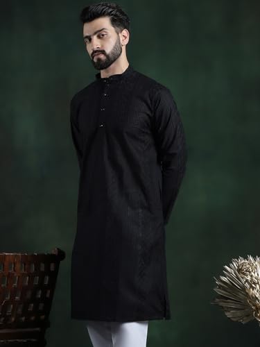 Image of SOJANYA (Since 1958 Men's Pure Cotton Checked Embroidered Long Kurta | Traditional for Diwali Celebrations