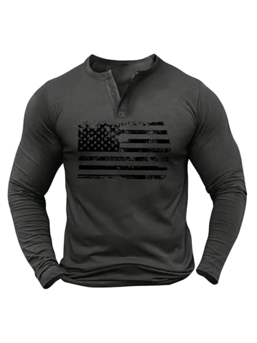WDIRARA Men's Distressed American Flag Graphic Henley T-Shirts Long Sleeve Casual Basic Tee Tops