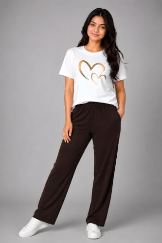 Image of ELVIA Women's Pure Cotton Top and Pyjama Co-Ord Set | Double Heart Graphic Printed Night Suit | Regular Fit Half Sleeve Round Neck T-Shirt with Pajama Sleepwear Loungewear Set