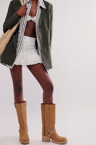 Yishaweiqi Women's Studds Biker Boots Chunky Heel Square Toe Knee High Boots Side Zipper Western Boots Fall Dress Riding Boots Motorcycle Boots2