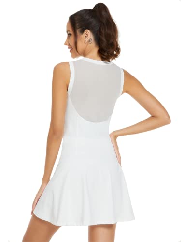 Heledok Women Tennis Golf Dress With Shorts 4 Pockets Sleeveless Exercise Workout Sports Athletic Dress White #TOP1