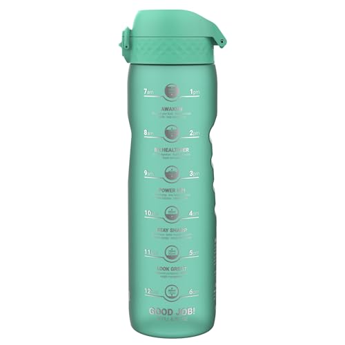 Ion8 Botella de Agua 1 Litro con Indicador de Horarios para Beber, Antiderrame, Tapa Abatible, Asa para Llevar, Apta para Lavavajillas, Libre de BPA, Agarre Contorneado de Toque Suave, Ideal para Gimnasio y Fitness, 32 oz, Teal
