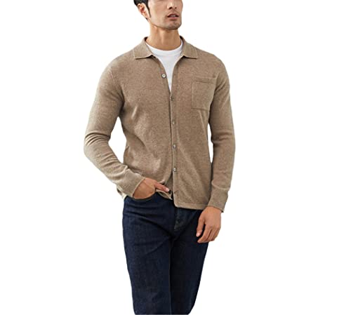 Cardigan 100% cachemire de chèvre homme col polo tricot manches longues kaki L