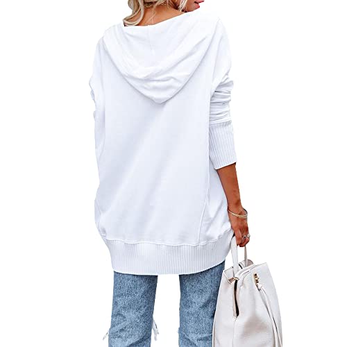 Nqgsntc Womens Henley Hoodie Hooded Lightweight V Neck Button Down Sweatshirts Ribbed Long Sleeve Sweat Shirts Loose Fit Pullover Top White S #TOP3