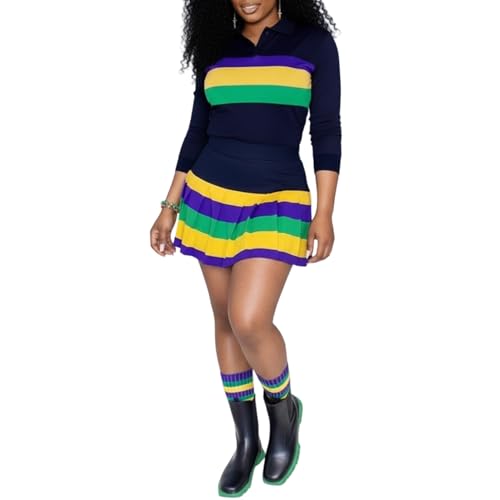 Costumes Women,2 Piece Striped,Long Sleeve Quarter Button Top with Pleated Skirt Set | for Workout Black x_l