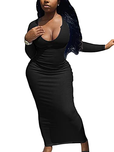 Mulisky Women's Sexy Bodycon Maxi Dress Deep V Neck Long Sleeve Ribbed Midi Party Club Dress Black M