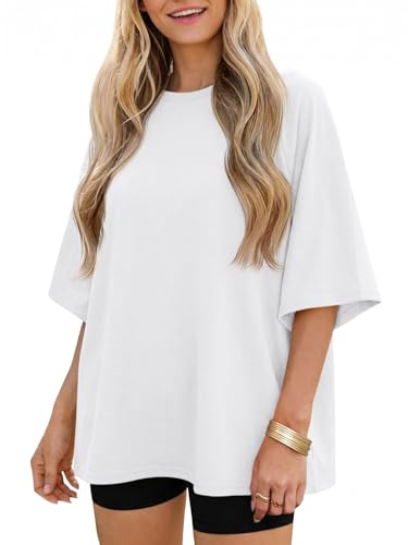 Tankaneo Womens Oversized Half Sleeve T-Shirts Trendy Casual Baggy Loose Fit Tops Summer Crew Neck Tees Shirts White