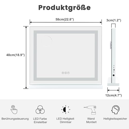 Dripex Hollywood Schminktischspiegel mit Beleuchtung 58 x 46 cm, HD Schminkspiegel für Tisch- oder Wandmontieren, Hollywood Spiegel mit 3 Farblichtmodi, 5 Facher Vergrößerung Spiegel, USB Anschluss