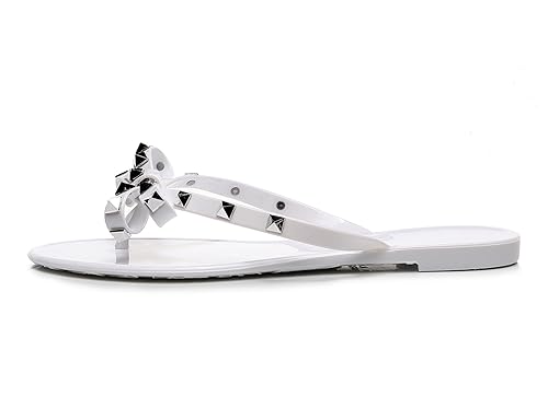 Image of Studded Jelly Shoes for Womens Bow Flip Flops Jellies Sandals Flat Black Summer Beach Thong with Rivets Strappy Slides Slip On
