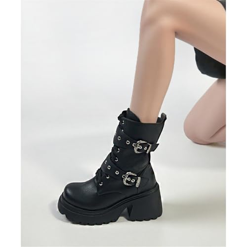 Image of FOREADA Goth Boots Chunky Heel Boot For Women Ankle Combat Booties Black Platform Bootie Buckle Rivets Punk Goth Shoes With Zipper