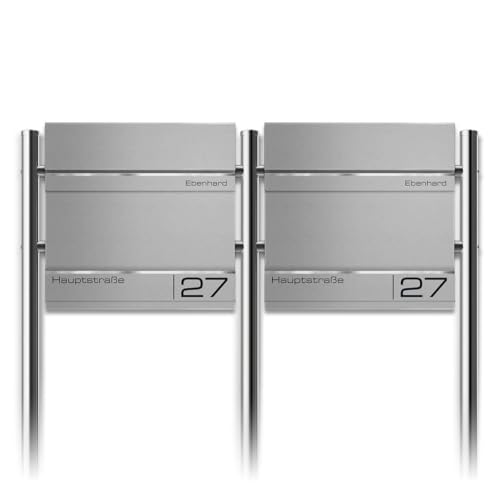Metzler Standbriefkasten für Mehrfamilienhaus 2er in Graualuminium RAL 9007 – Freistehender Doppelbriefkasten für 2 Familienhaus mit Zeitungsfach und Edelstahl Standfüße –Lesergravur – Modell Hermann
