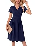 WUWUSKY Sommerkleid Damen Kurzarm V Ausschnitt Knielang Midi Kleid mit Tasche Freizeit Kleider A Linie Leicht Casual Dress Sommer wickelkleid,Marineblau,M