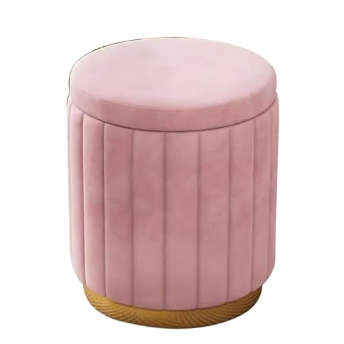 Image of Round Upholstered Velvet Ottoman Seating Stool with Gold Metal Base Multifunctional Makeup Vanity Chair Soft Compact Padded Foot Rest Stool for Living Room Bedroom Pink