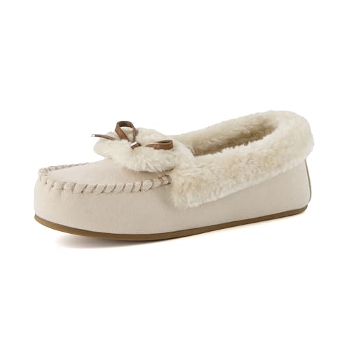 CUSHIONAIRE Stella Women's Moccasin Slippers – Faux Fur Lining, Memory Foam & Wide Widths Available