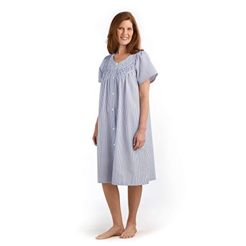 Miss Elaine Women s Seersucker Short Snap Robe - with Short Sleeves, Two Front Pockets, and Embroidery (Large, Navy White Stripe)