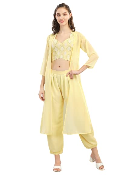 Image of Women Casual Co-Ord 3 Piece Set /Three Piece Dress with Shrug /Coat /Crop Top and Pant Set