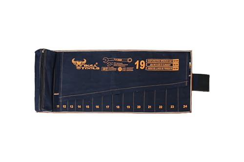 Image of BULL TOOLS Metric Ratcheting Wrench Set (6-32mm), 19-Pocket Roll, with Zip Pouch, Made from Durable Recycled Cotton Canvas for Mechanics, DIYers, and Home Use - Navy Blue