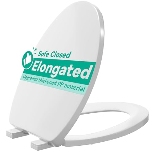 PUKANIUM Toilet Seat Elongated, Toilet Seats with Cover Quiet Close, Never Loosen Bumpers, Easy Removing and Cleaning, White, 18.5'L x 14'W