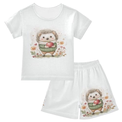 Hedgehog Flowers Beige Pajama Set Short Sleeve Summer Pajamas Sleepwear Nightwear Set Cotton 5Y