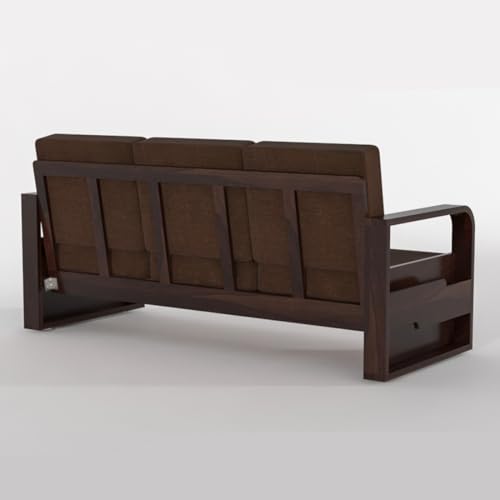Image of Solid Sheesham Wooden 5 Seater Sofa Set for Living Room | Sofa Set with Side Pocket Storage & Cushion | Rosewood Sofa Set for Home (Walnut with Brown Cushion, 5 Seater)