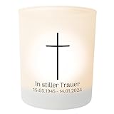 Personalisierter Teelichthalter Kreuz – Teelichtglas, Gedenklicht für Verstorbene, Geschenk für Trauernde - Trauerlicht personalisiert mit Wunschtext