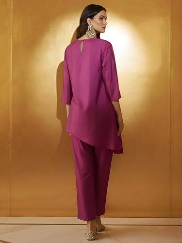 Image of Women's Magenta Chanderi Sequin Embroidered Co-ord Set | Round Neck 3 /4 Sleeve Asymmetric Top with Trousers | Festive Co-ord for Party, Wedding
