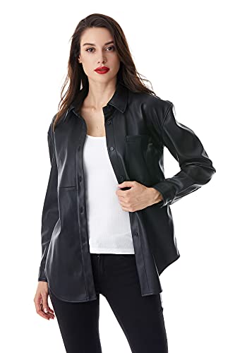S P Y M Women Faux Leather Jacket Soft Snap Button Down Shirt Shacket With Pocket, Regular And Plus Size #TOP2