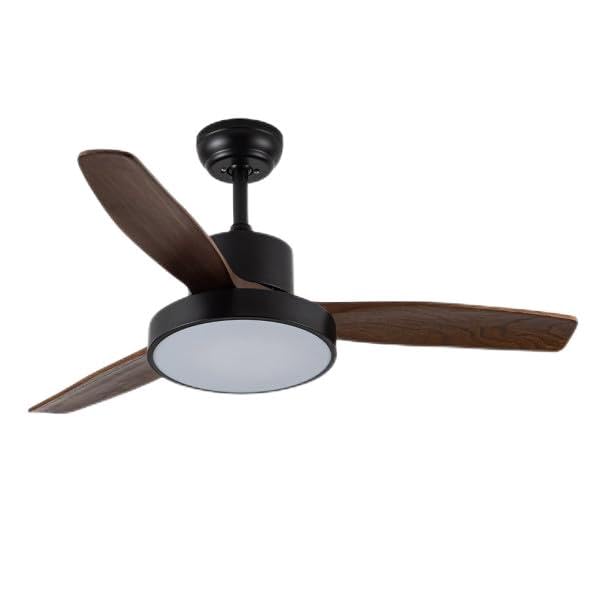 Ventilador DC Kavala 48W Negro, con 3 aspas de roble, emite 4078 lm. Ofrece 6 velocidades, control remoto, memoria y temporizador, además de 3 opciones de luz: 3000, 4000 y 6000 K.