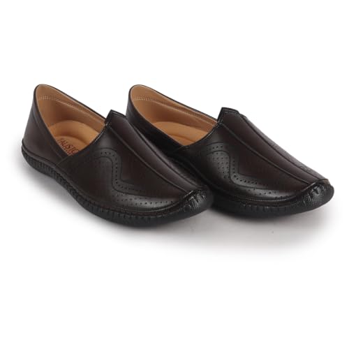 Image of FAUSTO Men Perforated Side Stitched Ethnic Round Toe Juttis and Mojaris for Wedding | Flexible Anti Skid Sole | Pathani Kurta Slip On Shoes