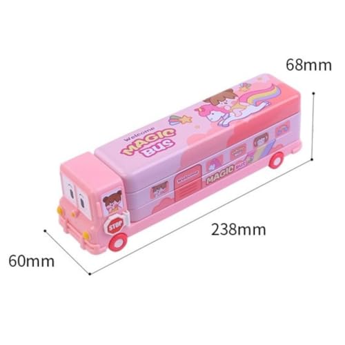 Image of Storio Bus Shape Pencil Box School Bus Metal Geometry Box for Kids Magic Bus with Moving Tyres with 3 Compartments Moving Tyre's & Sharpener Geometry Case for Boys & Girls - Unicorn, Multicolor