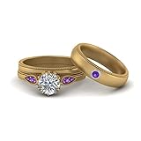 CaratYogi Milgrain Matching Wedding Set for Couples Yellow Gold Plated Natural Amethyst Round Shape Wedding Ring Sets Bezel Setting Dimensione P for Women, Girls and Ladies