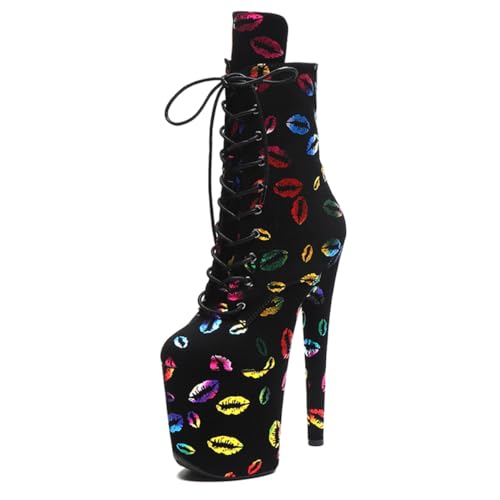 WUXIN H&P Women's Exotic High Heel 8 Inch Custom Fashion Lace-up Stiletto Round Toe Kiss Sexy Platform Pole Dance Ankle Short Boots Dress Shoes