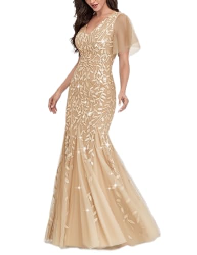 Women‘s Formal Dress Sparkly Sequin Tulle V Neck Bodycon Ruffles Sleeve Mermaid Evening Party Long Dresses