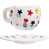 Uonlytech Taza de Cerámica con Plato Conjunto Diseño Floral Decorativo para Café Té y Bebidas para Hogar y Oficina Fácil de Limpiar