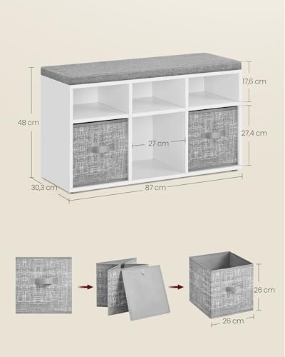 VASAGLE Custos Collection - Banc à Chaussures, Organiseur de Chaussures, 6 Compartiments, 3 Étagères Réglables, Banc avec 3 Coffres de Rangement pour Entrée, Couloir, Placard, Blanc Nuage LSB101W14 – vue 3