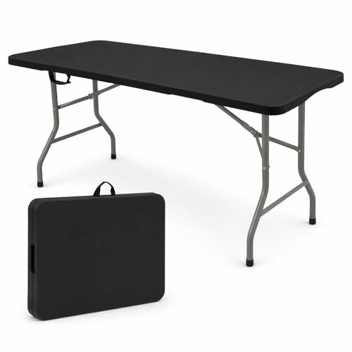 HAISIWLKJ Folding Table 6 FT Lightweight Camping Table Black Portable Plastic Rectangular Outdoor Dining Table Steel Legs Fold-in-Half with Carrying Handle for Indoor Picnic Party Wedding Events
