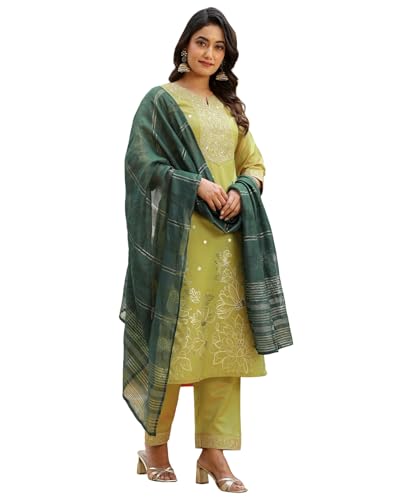 Image of SIRIL Women's Taffeta Jacquard and Embroidery Work Straight Kurta Pant with Dupatta Set