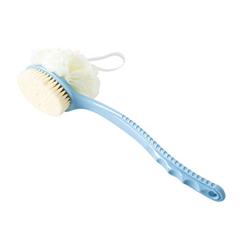 Shower Body Brush with Bristles and Loofah,Back Scrubber Bath Mesh Sponge with Curved Long Handle for Skin Exfoliating Bath, Massage Bristles Suitable for Wet or Dry, Men and Women(Blue)